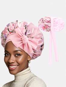 1 chiếc mũ len hai lớp bằng satin in họa tiết dành cho nữ, có dây thun co giãn, chất liệu lụa, satin, mũ bảo vệ tóc cho ngày Valentine, dụng cụ chăm sóc tóc ban đêm thoải mái và làm đẹp tại nhà ban ngày, phù hợp với tóc xoăn tự nhiên. - Nhiều màu - Xem 20