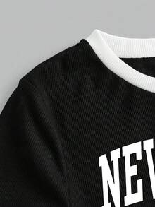 Teen Girl Casual Fashion Street Style Letter Print Ringer Short Sleeve T-Shirt And Wide Leg Pants Set, Spring/Summer/Autumn - Black - View 3