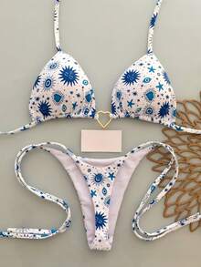 Women's Summer Beach Vacation Heart Metal Ring Decor Backless Tie Front Printed Bikini Set - Blue - View 1