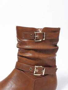 Brown Striped Buckle Pleated Mid-Calf Boots, Side Zipper, Flat Round Toe, Comfortable, Versatile, Suitable For Commute, Daily Wear, Vacation, All Season, Fashion Women's Boots,Cowgirl Boots - Brown - View 5