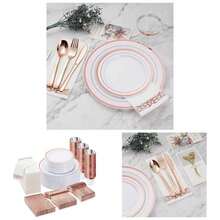 700PCS Gold Disposable Dinnerware Set Guests, Plastic Plates Party, Wedding, Include: 200 Plastic Plates, Gold Silverware, Cups, Napkins - 50 Khách + Vàng Hồng - Xem 2