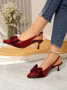 2026 New Women's Pointed Toe Slingback High Heel Pumps, Solid Color Glossy Bowknot Elegant Dress Shoes, Spring/Summer - Burgundy - View 1