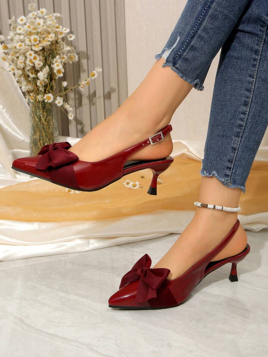 2026 New Women's Pointed Toe Slingback High Heel Pumps, Solid Color Glossy Bowknot Elegant Dress Shoes, Spring/Summer - Burgundy - View 1