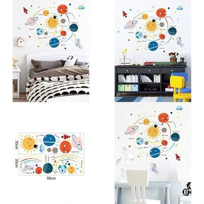 Viniles Planetas Vinilos decorativos pared niños Pegatinas decorativas pared de planetas vinilo adhesivo decorativo vinil decorativo recamara niños en forma de planetas coloridos 90cm por 30cm(default)