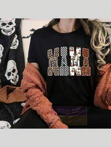 Leopard Pumpkin Mama Shirt Spooky Halloween Vibes - 黑色 - 查看 2