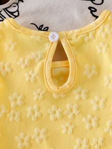 2pcs Baby Girl Bowknot Trim Jacquard Sleeveless Top And Bowknot Pleated Denim Skirt Set - Yellow - View 6