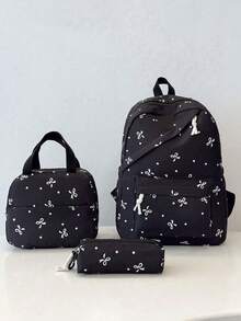 3pcs Nylon Bow Print Backpack Set, Foldable Multi-Pocket Large Capacity Waterproof Zipper Backpack, Suitable For Teenagers, High School Students, College Students, Ladies For Daily Use, Commuting, Travel, Valentine's Day Gift - Black - View 10