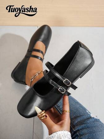New Fashion Metal Buckle Decor Strap Buckle Flat Shoes, Comfortable Non-Slip Versatile Style Suitable For Daily Wear And Commuting