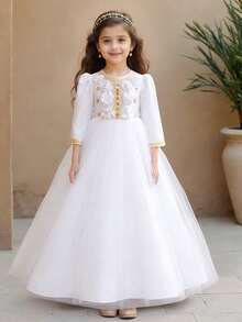 Đầm dài dự tiệc thanh lịch bằng vải satin jacquard và voan họa tiết hoa cho bé gái, thích hợp cho các buổi tiệc gia đình, số lượng cúc không đều, không kèm băng đô. - trắng - Xem 1