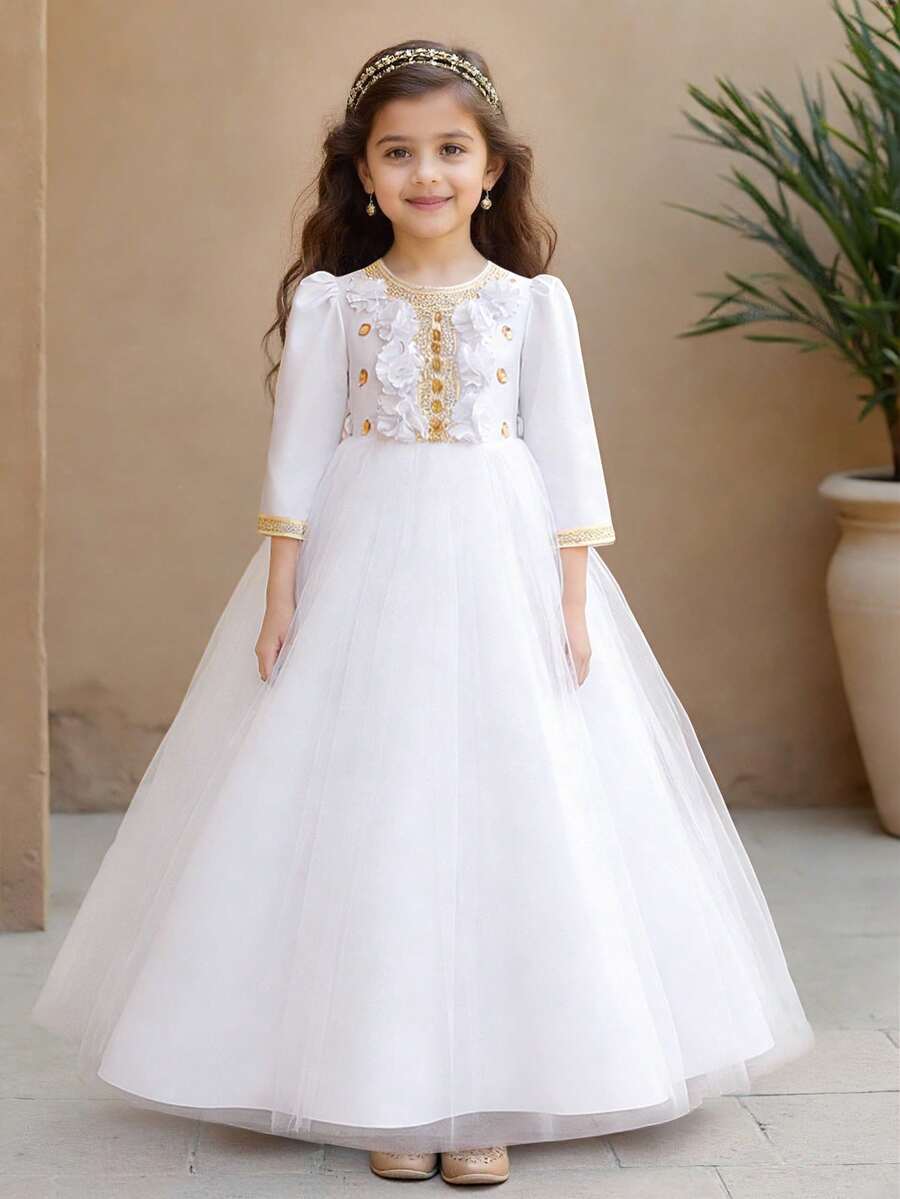 Đầm dài dự tiệc thanh lịch bằng vải satin jacquard và voan họa tiết hoa cho bé gái, thích hợp cho các buổi tiệc gia đình, số lượng cúc không đều, không kèm băng đô. - trắng - Xem 1