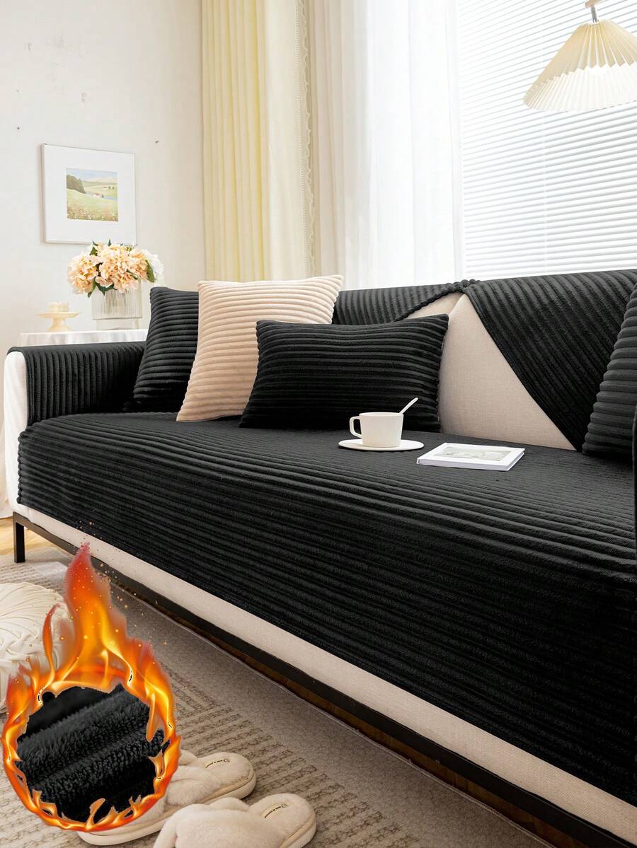 1pc Thick Flannel Solid Color Sofa Cushion, Style Pet-Friendly Anti-Dirty Anti-Slip Sofa Cover, Autumn/Winter Anti-Scratch Sofa Protector Suitable For L-Shaped Combination Sofa And 1/2/3/4 Seat Sofa (Sold Individually) - Black - View 1