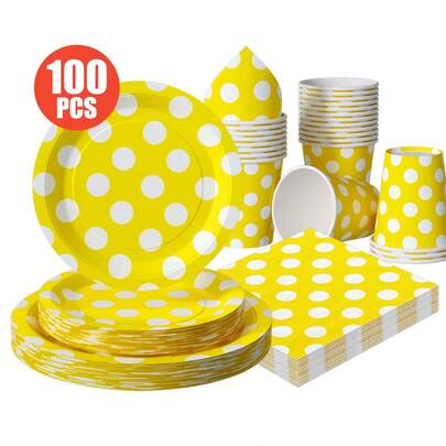 Yellow Background White Polka Dot Disposable Plates, Napkins, Cups - One-Time Party Supplies Set, Suitable For 25 Guests, Disposable Paper Plates Party Tableware For Birthday, Wedding, Theme Party, Family Picnic
