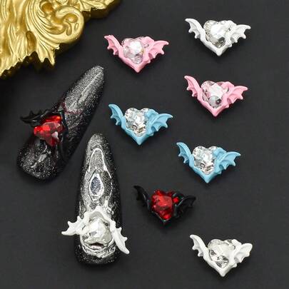 5 chiếc phụ kiện trang trí móng tay hình trái tim và cánh dơi phong cách Gothic, đồ trang trí móng tay phong cách Gothic tối màu.
