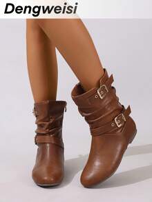 Brown Striped Buckle Pleated Mid-Calf Boots, Side Zipper, Flat Round Toe, Comfortable, Versatile, Suitable For Commute, Daily Wear, Vacation, All Season, Fashion Women's Boots,Cowgirl Boots - Brown - View 6