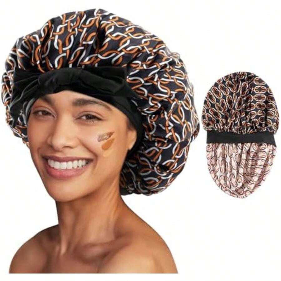 Lolalet Gorro de Satén, Gorro de Noche para Dormir Suave Seda Doble Capa con Banda Lazo Reversible Bonnet Pelo para Mujeres para Rastas Afro Trenzas Rizado Todo Cabello Rizos Trenzas Largo(Cerradura) - Multicolor - Ver 1