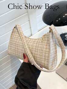 Geantă minimalistă pentru subraț, geantă de mână pentru femei, 2026, geantă nouă, geantă mică de umăr cu dungi pentru femei la modă, potrivită pentru naveta zilnică (discretă și rafinată), potrivită și pentru ocazii sociale la ceaiul de după-amiază pentru a crea un stil delicat și casual - Bej - Vizualizare 2