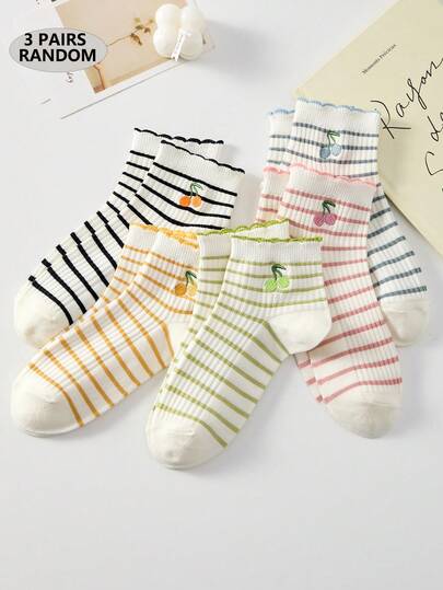 3 par damstrumpor med volang och randiga överkneesockor, söta fruktmönster, stickade, avslappnade vadstrumpor, lämpliga för alla årstider, slumpmässiga färger