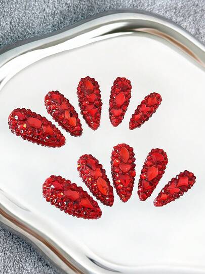 Y2K Almond Nails Handmade Press-On Nails With Transparent Tips, Red Rhinestones & Sparkling Full-Coverage 3D Designs - Full Cover DIY Glitter Artificial Nails, False Nails For Parties, Outdoor, Beach, Daily, Holidays, Gatherings, Work & Special Events - 10 Pieces/Bag