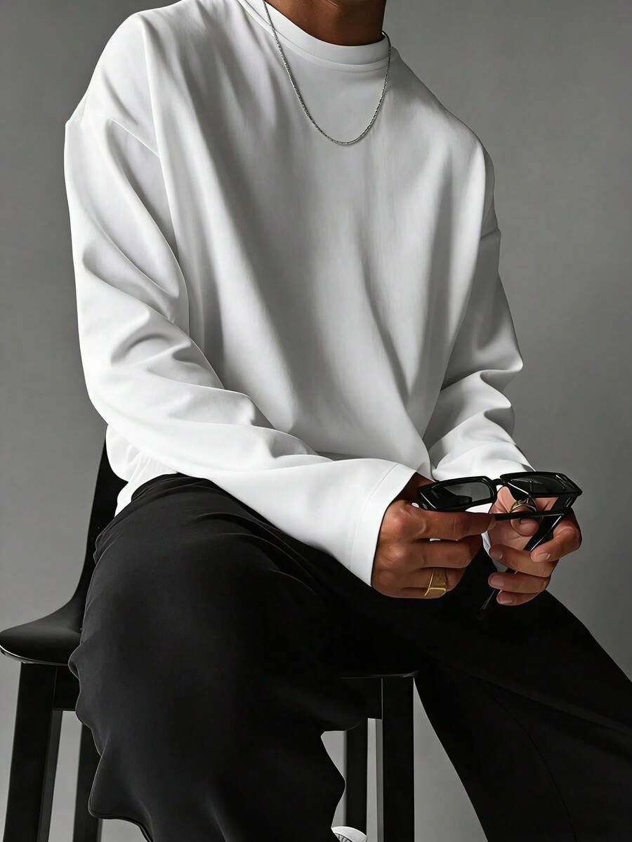 Áo thun dài tay nam màu trơn FRACTYR, kiểu dáng cơ bản, đa năng, thích hợp để phối đồ theo phong cách đường phố, thích hợp cho mùa thu/đông. - trắng - Xem 1