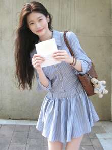 Casual Commuter Striped Front Button Waist Cinched Dress - Blue - View 1