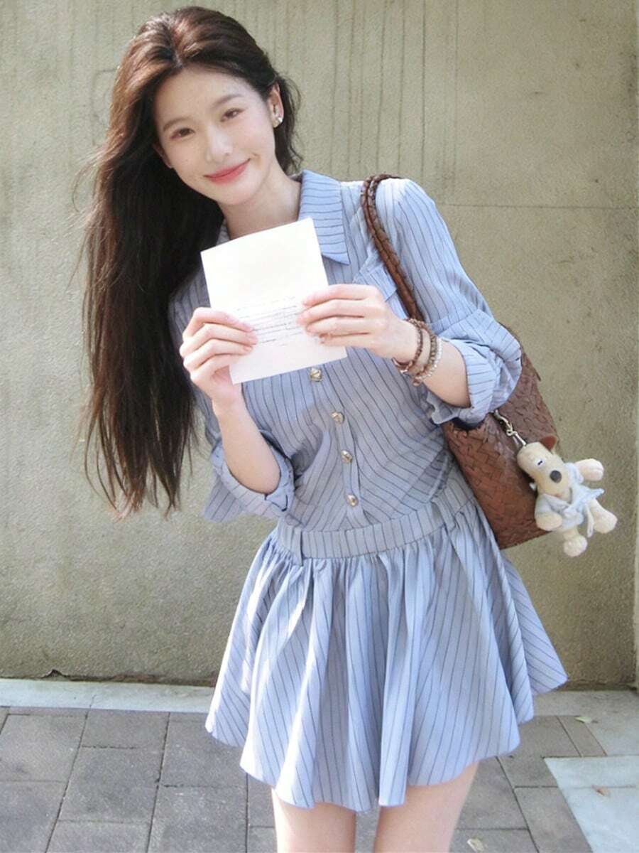 Casual Commuter Striped Front Button Waist Cinched Dress - Blue - View 1