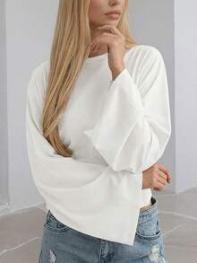 白色弹力针织女式T恤，长袖圆领，常规版型，短款上衣，适合日常穿着，优雅女式衬衫，白色女式上衣，适合情人节休闲春季穿着 - 白色 - 查看 5