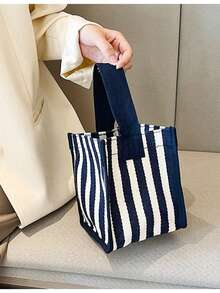 Fashionable Minimalist Women's Small Handbag, Casual Canvas Small Bag, Lightweight Foldable Small Square Bag, Stylish Striped Unique Design, Can Hold Keys, Water Bottle, Phone And Personal Items, Suitable For Outings, Walking, And Carrying Pets - Royal Blue - View 1