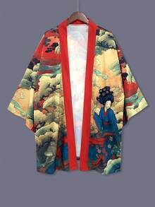 日式和服开衫，简约复古印花，宽松版型，男女皆宜的春夏轻薄外套，休闲街头风，海滩旅行，节日服装
