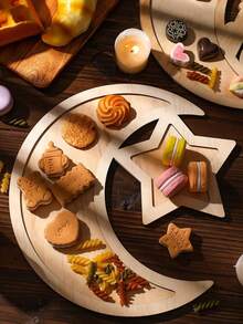 1个开斋节星月图案木质托盘，可用于派对、宴会、水果甜点展示、毛巾装饰、厨房配件等DIY装饰 - 彩色 - 查看 2