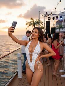 Women's Halter Neck Monokini Swimsuits Fashionable Sleeveless Floral/Solid/Dot Out Bathing Suit Suitable For Beach Vacations, Pool Parties, Or Summer Music Festivals - 白色 - 查看 1