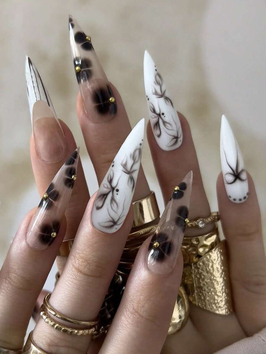 24片飘逸蝴蝶假指甲，长款尖头黑色蝴蝶结美甲贴片 + 1片果冻胶 + 1个指甲锉，美甲用品