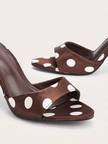 Buckle Party Sexy Coffee Round Toe Open Toe Faux Silk Polka Dot Backless Stiletto High Heel Sandals - Coffee Brown - View 3