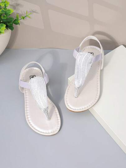 1 Pair, Girls' Thong Sandals, Glitter Wing-Shaped Thong Strap + Light Purple Elastic Ankle Strap Decoration, Glitter Fabric + Soft Faux Leather, Breathable, Non-Slip & Comfortable, Toe Post Low-Top Elastic Ankle Strap, Flat Sole, Shimmering Fairy Style, Summer Beach Vacations / Girls' Afternoon Tea Outfits
