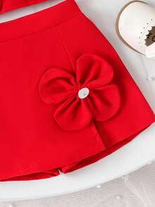 2pcs Baby Girls Elegant Sexy Outfit Red Camisole Top + Shorts Set, Spring/Summer - Red - View 4