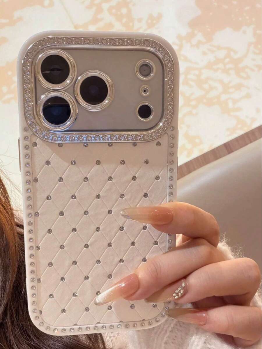 Luxury Solid Color Rhinestone Leather 3D Case Compatible With Apple 16/17 Pro Max/ 15 Pro, Women's Full Coverage Shockproof Protective Cover Compatible With IPhone 14/13 - White - View 1