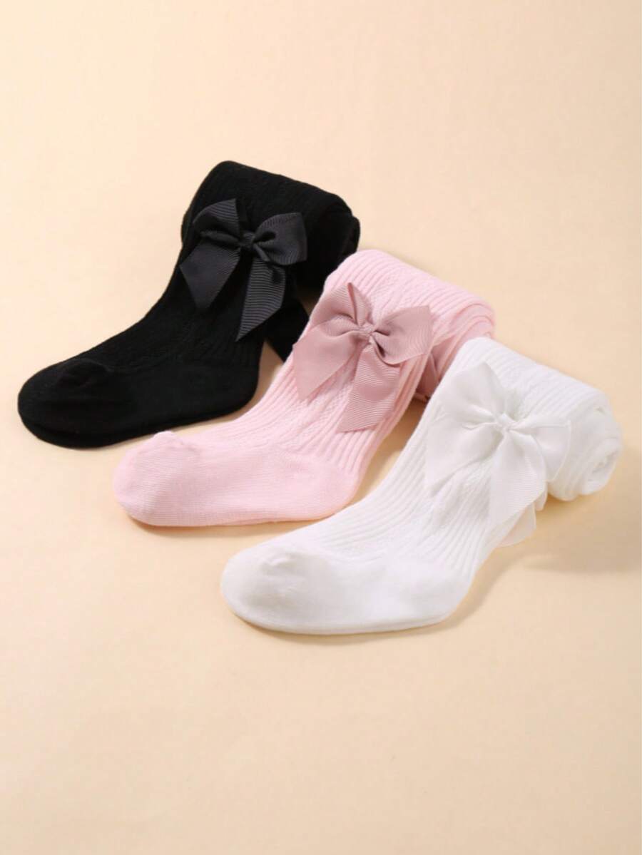 3条/包 随机颜色 新生女婴连裤袜，带缎带蝴蝶结，婴儿无缝纯色针织打底裤，连裤袜，适合校服和日常穿着 - 彩色 - 查看 1