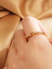 1pc S925 Sterling Silver Bowknot Cubic Zirconia Plated Gold Ring, Fashion Minimalist Jewelry Gift For Women, Mothers, Girlfriends, Friends, Versatile Daily Wear - Gold - View 6