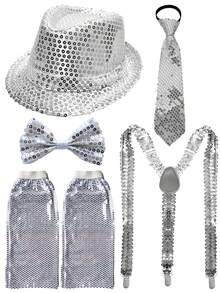 5件套 Forever & Moment 70年代成人角色扮演服装配饰套装，男女皆宜，包括亮片帽、领结、领带、吊带、腿套 - 适用于演唱会服装、迪斯科主题派对、经典流行巨星角色扮演舞蹈表演、情人节服装