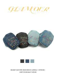 Vintage Washed Letter Embroidered Denim Beret Hat, Casual Painter Cap, Newsboy Hat, - A - View 7