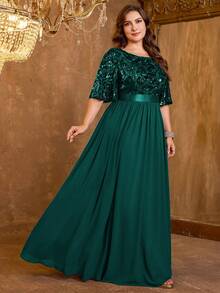 XUIBOL 高品质弹力优雅雪纺亮片拼接超修身大码V领晚礼服，适合约会、婚礼、派对、生日、周年纪念、鸡尾酒会、正式晚宴、婚礼宾客、单身派对、度假、夏秋季等场合。 - 墨綠色 - 查看 11