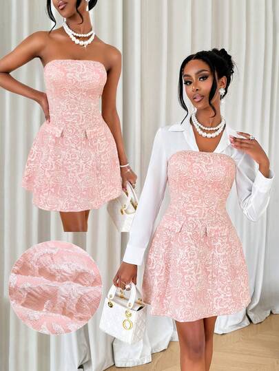 AIJ Amarilo Women's Spring Summer Romantic Rose Jacquard Strapless Mini Dress & Solid Top Two Pieces Set – 2 Ways To Wear, Cute & Sexy, Ideal For Valentine's Day Date, Birthday Party, Girls' Night, Back To School & Old Money Style Looks