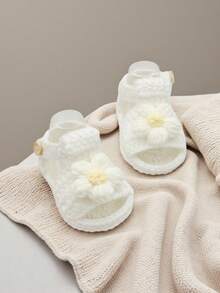 1 Pair Infant Sandals, White Crochet Knit, Flower Decoration, Slip-On Style With Soft Sole