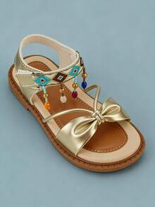 1 Pair Girls' Geometric Embroidery Butterfly Decor Sandals, Faux Leather, Non-Slip Flat, Ankle Strap, Bohemian Style, Summer, Popular Design, Soft Sole, Comfortable, Fashionable, Ideal Gift - Gold - View 4