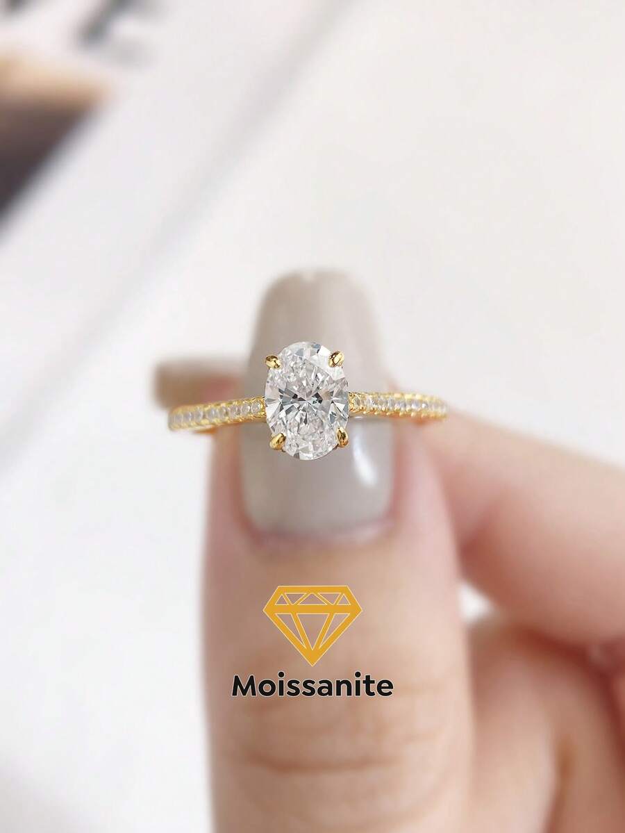 1pc 2ct Luxury Diamond-Set Oval Moissanite Wedding Ring, S925 Sterling Silver Luxury Engagement Ring, Promise Ring, Anniversary Ring, Women's Jewelry Gift, New Year's Gift - Oval Moissanite Ring With Diamonds - 1ct - View 1