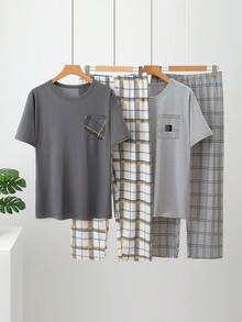 4pcs Men's Summer Lightweight Pajama Set, Short Sleeve Top And Long Pants - Multicolor - View 1