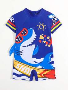 Young Boy Cartoon Shark Print Raglan Short Sleeve Beachwear Romper - Multicolor - View 3
