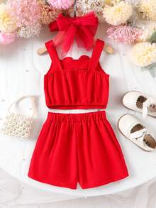 2pcs Baby Girls Elegant Sexy Outfit Red Camisole Top + Shorts Set, Spring/Summer - Red - View 2