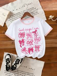 2pcs/Set Girls' Creative Bow Print T-Shirt And Shorts, Suitable For Summer, Spring/Summer New Outdoor Casual Wear - Multicolor - View 4