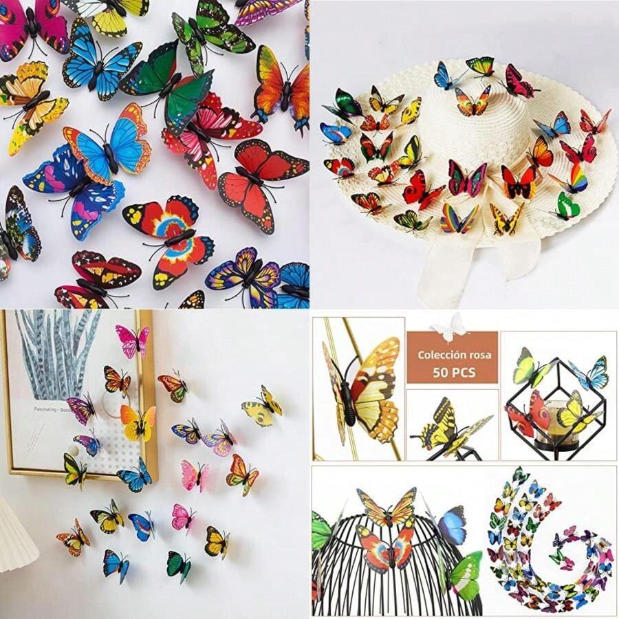 Mariposas Decorativas En 3D,50 Piezas de 7cm con Adhesivo para Pared Decoracion,para Decorar Pasteles,Nevera,Navidad,Fiestas, Bodas,Salones de Clases, Habitaciones ()(Color)