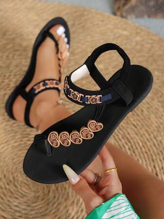 Sandalias planas de mujer con decoración floral 3D de cuentas a rayas, elegantes sandalias bohemias brillantes y retro de dedo